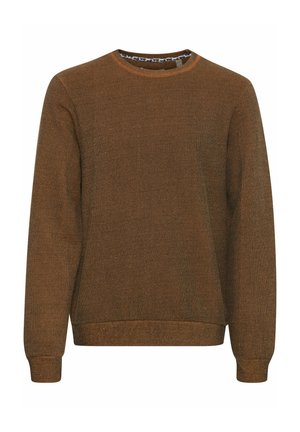 Brun strikket genser med rund hals, ribbede mansjetter og søm. Har en teksturert overflate og et mønstrete indre krage.