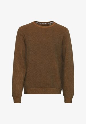 Svetar v rjavi pletenini z okroglo ovratnico, rebrastimi manšetami in robom. Ima teksturiran zaključek in vzorčasto notranjo ovratnico.