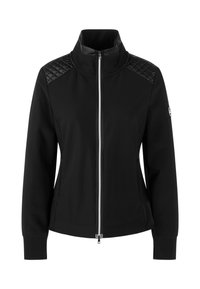 Schwarze Jacke mit hohem Kragen und durchgehendem Reißverschluss. Verfügt über gesteppte schwarze Schulterakzente und seitliche Taschen. Glatte Stofftextur.