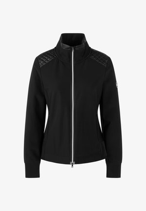 Black jacket with a high collar and full zip. Features quilted black shoulder accents and side pockets. Smooth fabric texture.