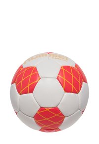 Pallone da calcio realizzato in materiale sintetico, con pannelli bianchi, dettagli rossi e motivi a rombo gialli, marchiato "Hummel Classic Elite."