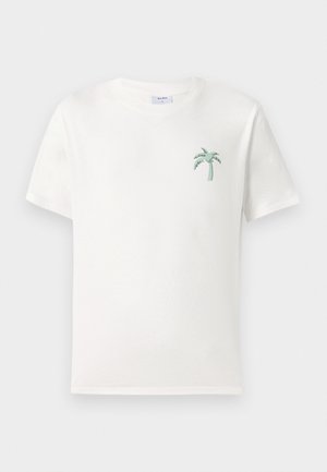 T-shirt en coton blanc avec un petit motif de palmier vert sur le côté gauche de la poitrine. Col rond classique et manches courtes.