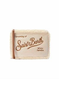 Borsa in tessuto morbido color crema con testo ricamato marrone che recita "Sognando il Paradiso Invernale di Saint Barth" e una zipper color beige.