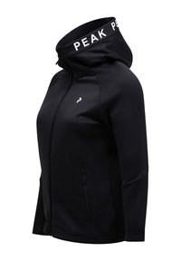 Black zip-up hoodie featuring a high collar with "PEAK" branding, side zip pocket, and smooth, stretchable fabric.