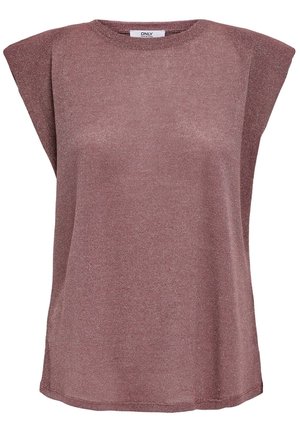 Mouwloos mauve gebreid topje met gewatteerde schouders, ronde halslijn en een rechte zoom.