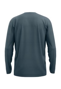 Long-sleeve shirt in dark teal, made of smooth fabric. Features a crew neckline and simple, unembellished design with a slight stretch.