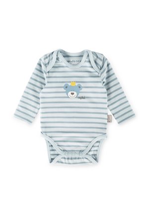 Une combinaison à manches longues bleu clair avec des rayures horizontales et un motif d'ours portant une couronne. Matière en coton doux avec fermeture à pressions.