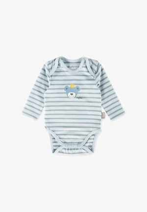Body a maniche lunghe di colore azzurro chiaro con righe orizzontali e una grafica di un orso con una corona. Materiale in cotone morbido con chiusura a scatti.