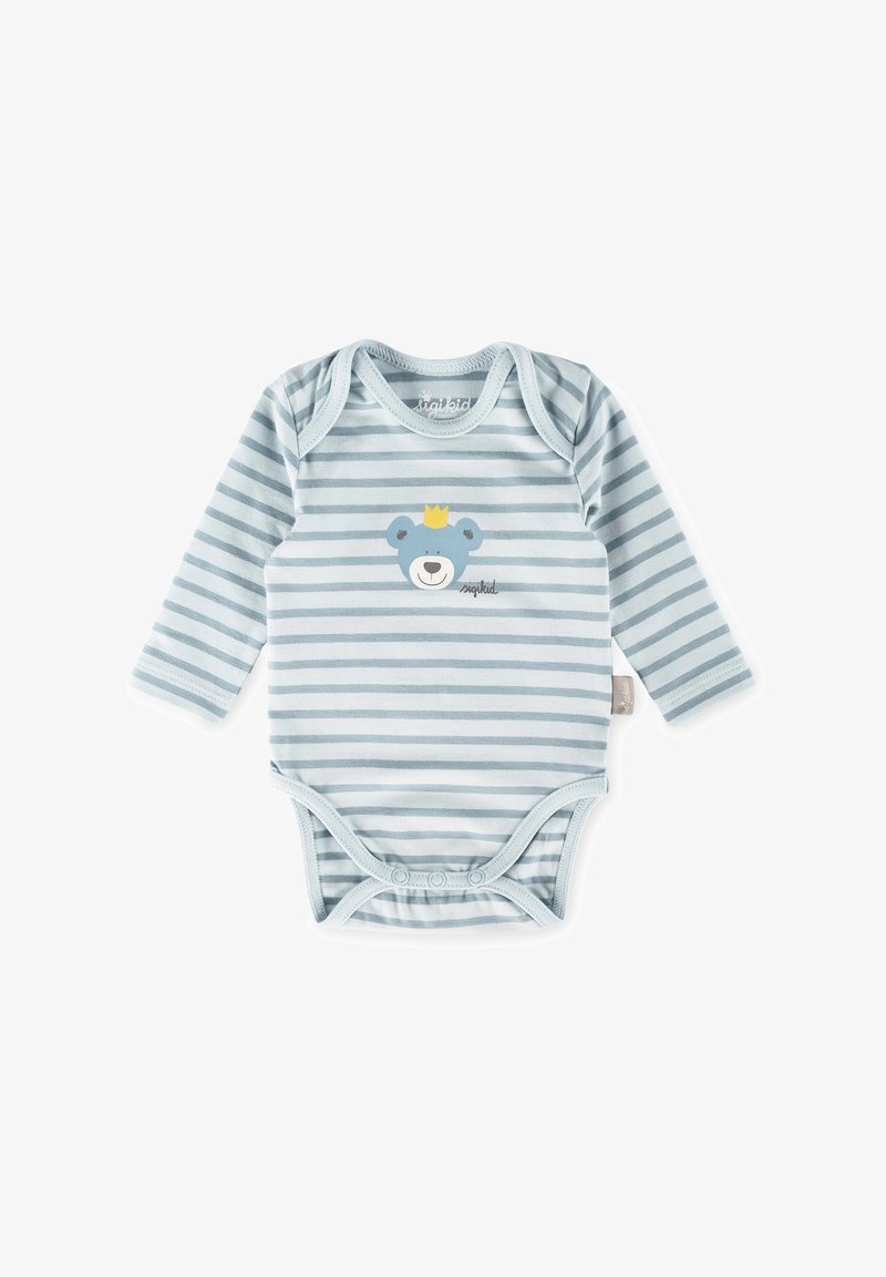 Light blue long-sleeve onesie with horizontal stripes and a bear graphic wearing a crown. Soft cotton material with snap closure.