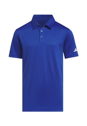 Polo bleu à manches courtes avec col, deux boutons et petit logo blanc Adidas sur la manche gauche.