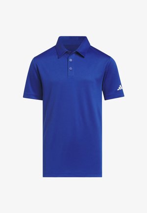 Niebieska koszulka polo z krótkim rękawem, kołnierzykiem, dwoma guzikami i małym białym logo Adidas na lewym rękawie.