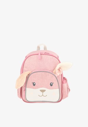 Rosa Stoff-Rucksack mit einem Kaninchen-Gesicht-Design, ausgestattet mit plüschigen Ohren, einer mit Reißverschluss versehenen Vorderentasche und einer strukturierten Oberfläche. Akzentuiert mit schwarzen und grauen Details.