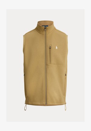 Vesta kaki fără mâneci, cu guler înalt, fermoar frontal complet, buzunar pe pieptul stâng și buzunare laterale; are un logo brodat pe piept.