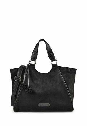 Borsa a mano in pelle nera morbida con doppi manici, tracolla regolabile e due nappine decorative sul davanti.