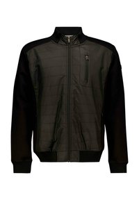 Heren zwart jack met een gevoerd voorpaneel, gebreide mouwen, een ritszak op de borst en ribboorden voor extra comfort en stijl.