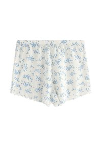 Blomsterprint shorts i hvid med lyseblå blomster. Har en ribbet tekstur og flæsekanter. Elastisk talje for komfort.