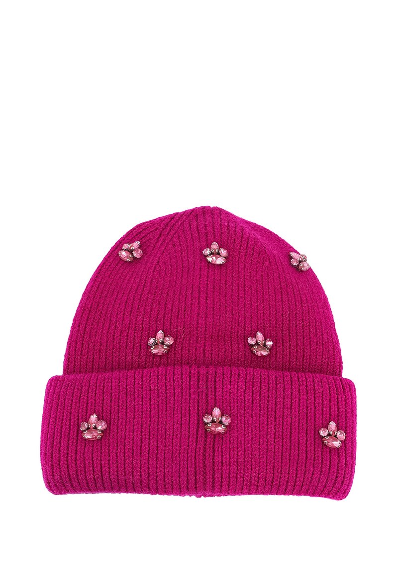 Berretto lavorato a maglia fucsia con texture a coste, decorato con motivi di impronte di zampe in varie tonalità di rosa.