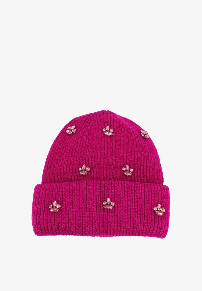 Berretto lavorato a maglia fucsia con texture a coste, decorato con motivi di impronte di zampe in varie tonalità di rosa.