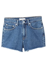 Shorts de mezclilla en un lavado azul claro con un dobladillo deshilachado, dos bolsillos delanteros y un cierre de botón en la parte superior, etiquetados con "Mango" en el interior.