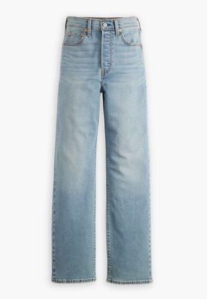 Lyseblå denimjeans med høyt liv, rett ben, fem lomme-stil og synlige sømmer.