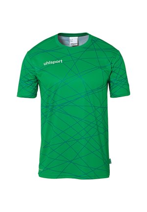 Groene sportjersey met korte mouwen, versierd met een geometrisch blauw lijnpatroon. Gemaakt van lichtgewicht stof, heeft het een ronde hals en een logo op de borst.