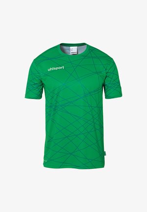 Grøn kortærmet sportsjersey med et geometrisk blålinjemønster. Den er lavet af letvægtsstof, har rund halsudskæring og logo på brystet.