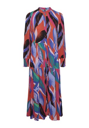 Langsleeve jurk met een hoge kraag, voorzien van een kleurrijk abstract bladerenpatroon in rood, blauw, groen en zwart. Gemaakt van lichtgewicht stof.