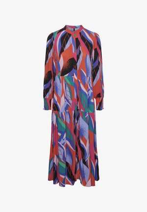 Langsleeve jurk met een hoge kraag, voorzien van een kleurrijk abstract bladerenpatroon in rood, blauw, groen en zwart. Gemaakt van lichtgewicht stof.