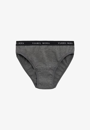 Bragas gris para mujer, elaboradas en tejido suave, con una cinturilla elástica negra que lleva impreso "YSABEL MORA" en blanco, y en un corte clásico.