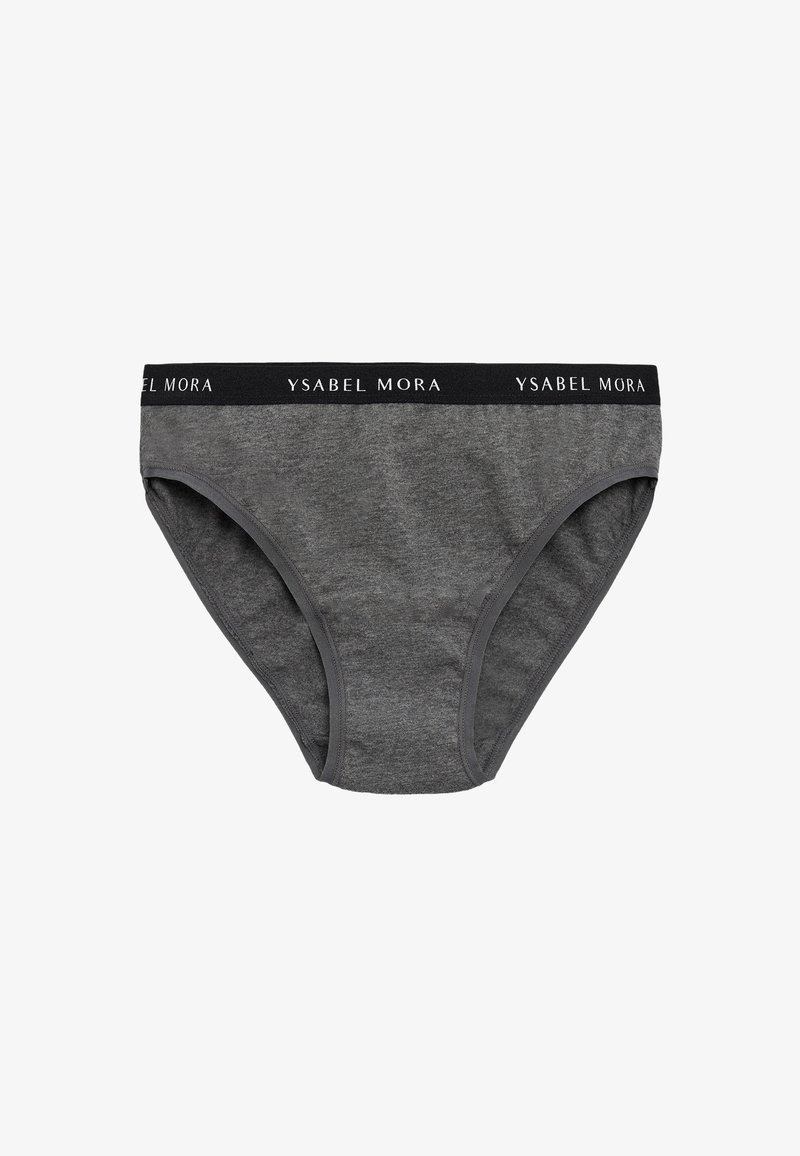 Bragas gris para mujer, elaboradas en tejido suave, con una cinturilla elástica negra que lleva impreso "YSABEL MORA" en blanco, y en un corte clásico.