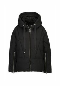 Zwarte pufferjack met een afneembare capuchon, voorkant met ritssluiting en koordjes. Bevat gequiltte secties en zijritszakken.