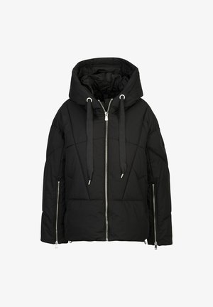 Schwarze Daunenjacke mit abnehmbarer Kapuze, Frontreißverschluss und Kordelzügen. Verfügt über gesteppte Abschnitte und seitliche Reißverschlusstaschen.