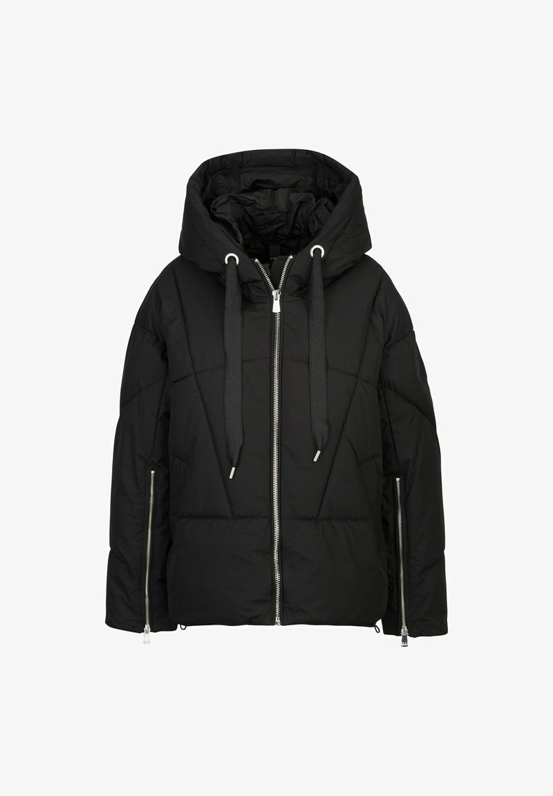 Schwarze Daunenjacke mit abnehmbarer Kapuze, Frontreißverschluss und Kordelzügen. Verfügt über gesteppte Abschnitte und seitliche Reißverschlusstaschen.
