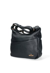 Borsa a tracolla in pelle nera con superficie texturizzata, dotata di una pattina ripiegabile e hardware dorato. Manico regolabile per maggiore versatilità.
