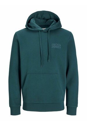 Ciemnozielona bluza z kapturem z kieszenią z przodu, ściągaczami przy mankietach oraz minimalistycznym logo na klatce piersiowej. Wykonana z miękkiego, gładkiego materiału.