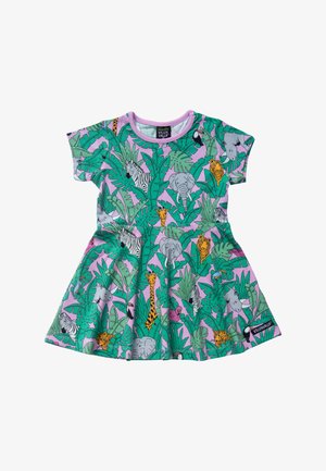 Toddler dress with purple background, green tropical leaves, and illustrated animals including zebra, elephant, giraffe, tiger, rhinoceros, and toucan.