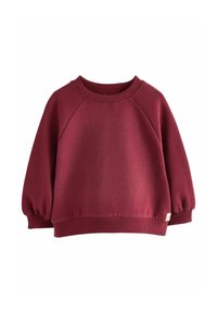 Burgunderfarbener Pullover-Sweatshirt mit geripptem Rundhalsausschnitt, Raglanärmeln und elastischen Bündchen. Weiche Textur mit einem kleinen Markenlabel-Detail.
