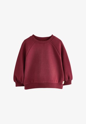 Burgundska pulover s kapuco z rebrastim okroglim izrezom, raglan rukavi in elastičnimi manšeti. Mehka tekstura z majhno oznako blagovne znamke.