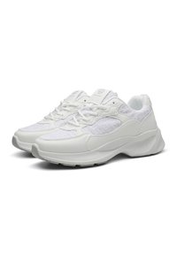 White sneakers featuring a textured upper mesh, smooth leather accents, robust rubber soles, and traditional lace-up design.