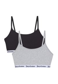 Dvě bavlněné podprsenky bez kostic—černá a šedá—mají tenké ramínka a elastický pás s logem "Juicy Couture" v kontrastních barvách.