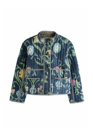 Blue quilted jacket with green and pink floral pattern, standing collar, button front, two front pockets, and decorative trim edges.