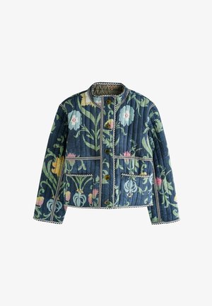 Blue quilted jacket with green and pink floral pattern, standing collar, button front, two front pockets, and decorative trim edges.