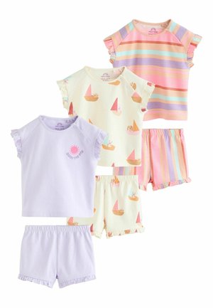 Three baby girl pajama sets with ruffled sleeves and shorts; designs include pastel stripes, sailboat prints, and lilac with sun graphic.