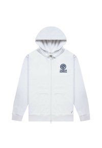 Hvid zip-hoodie med snoretræk i hætten. Har et logo-print foran og to forlommer. Glat stof med ribbede manchetter.