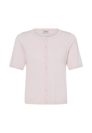 Cárdigan de manga corta color rosa claro con botones, cuello redondo y bordes acanalados, presentado sobre fondo blanco.