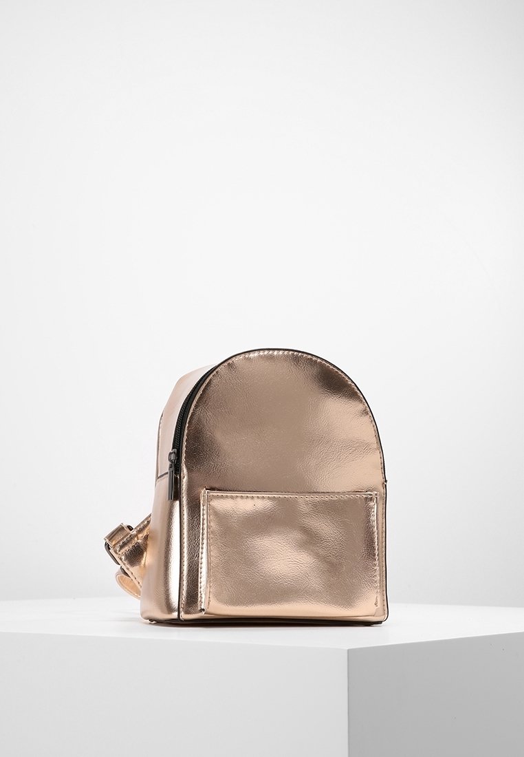 Metallinen ruusukultainen reppu, jossa on pyöreä yläosa, sileä pinta, vetoketjusulku ja etutasku. Kompakti muotoilu sopii arkikäyttöön.
