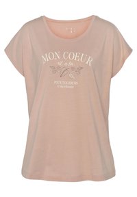 Light pink short-sleeve T-shirt with a round neckline. Text "MON COEUR est à toi pour toujours" in white across the front, with leaf illustrations.
