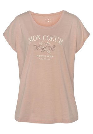 Light pink short-sleeve T-shirt with a round neckline. Text "MON COEUR est à toi pour toujours" in white across the front, with leaf illustrations.