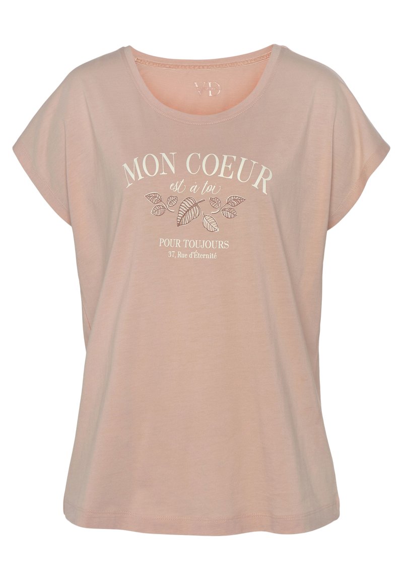 Light pink short-sleeve T-shirt with a round neckline. Text "MON COEUR est à toi pour toujours" in white across the front, with leaf illustrations.