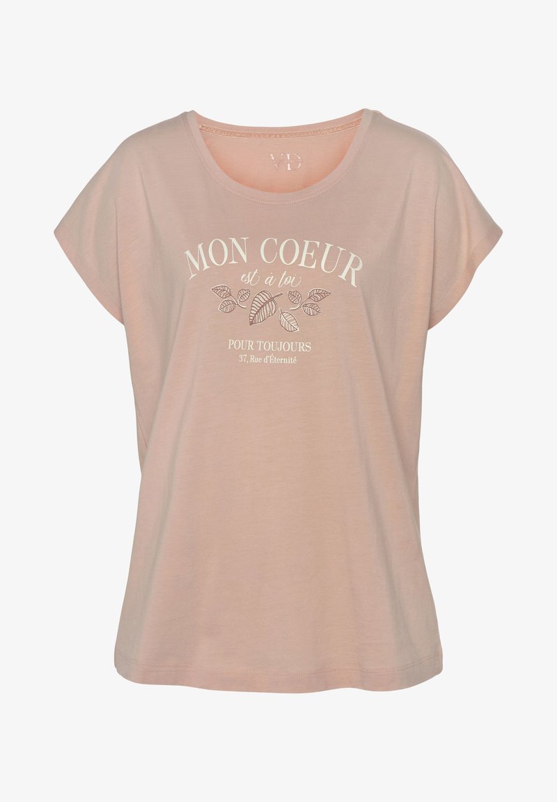 Light pink short-sleeve T-shirt with a round neckline. Text "MON COEUR est à toi pour toujours" in white across the front, with leaf illustrations.